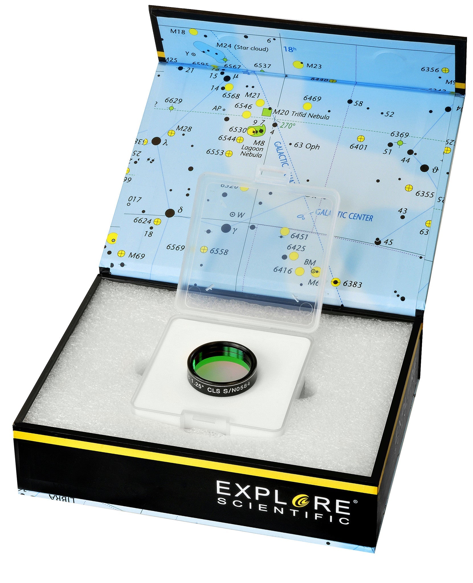 Explore Scientific CLS light pollution filter in its round plastic storage case beside the retail packaging