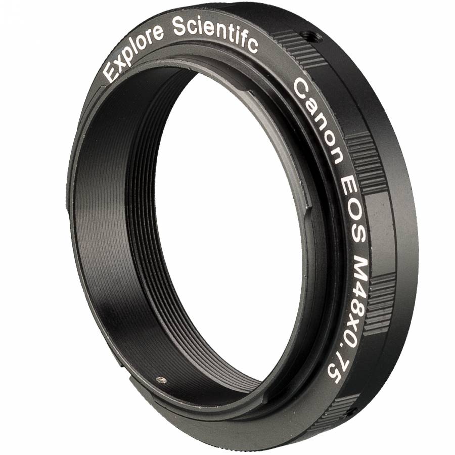 Explore Scientific M48 camera ring for Canon EOS, a slim matte black anodised aluminium ring with a Canon bayonet on one face