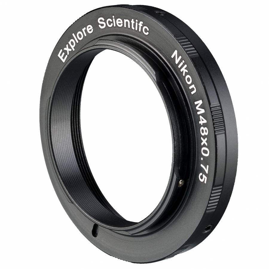 Explore Scientific M48 camera ring for Nikon, a slim matte black anodised aluminium ring with a Nikon F bayonet on one face