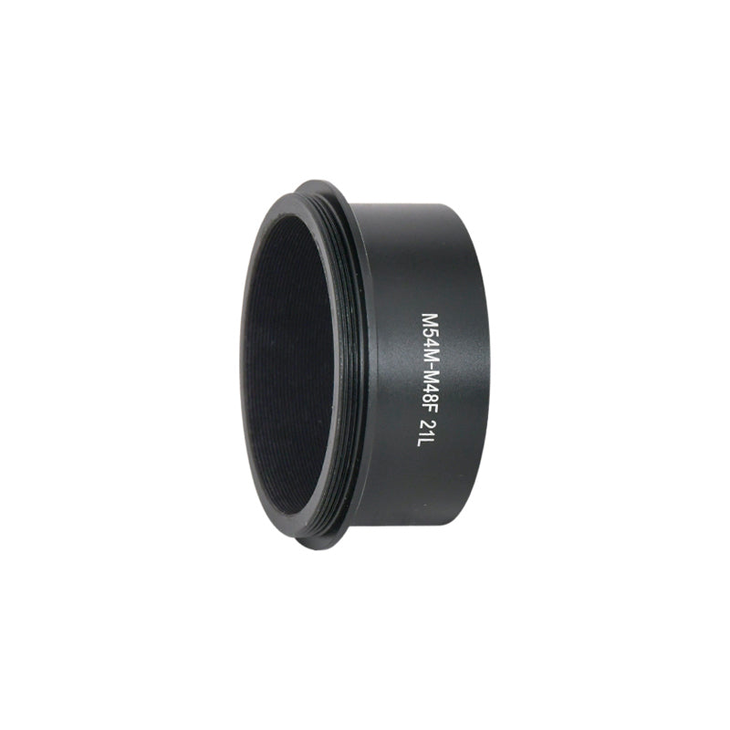ZWO M54-M48-21 extender detail view showing black anodized aluminium barrel and M48 2 inch filter thread
