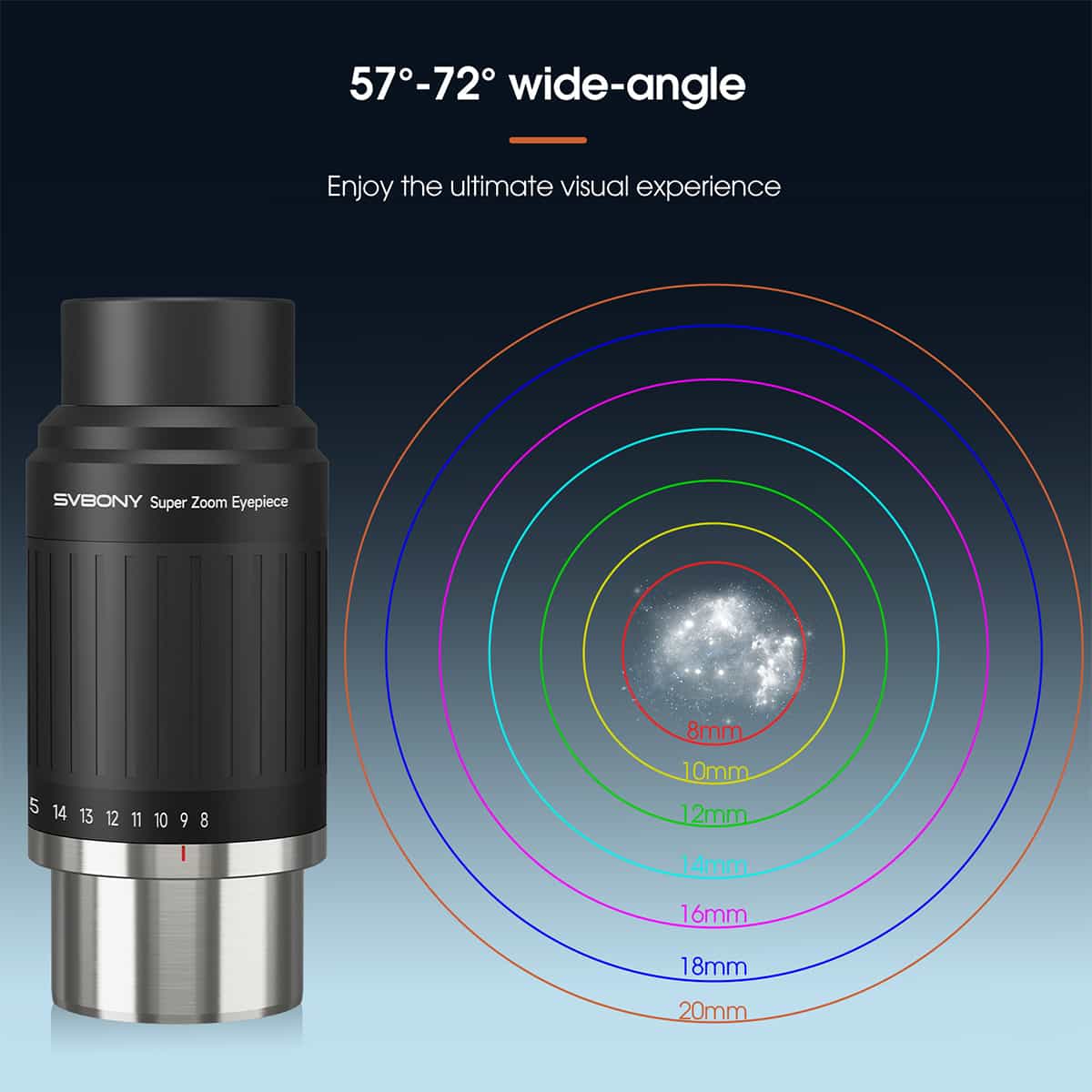 SVBONY SV230 8-20mm aspheric click-stop zoom eyepiece with 1.25″ and 2″ barrels for planetary and lunar observing