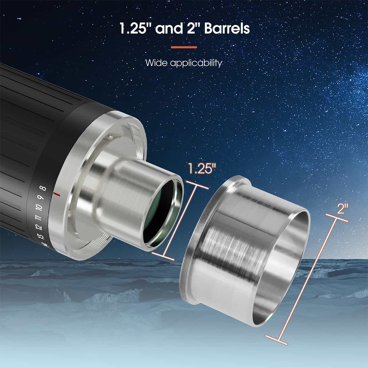 SVBONY SV230 8-20mm aspheric click-stop zoom eyepiece with 1.25″ and 2″ barrels for planetary and lunar observing