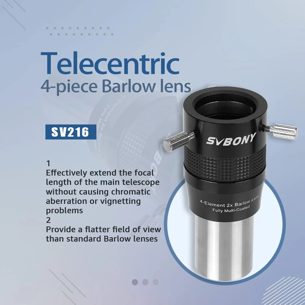 SVBONY SV216 2x Barlow lens 1.25 inch barrel with filter thread