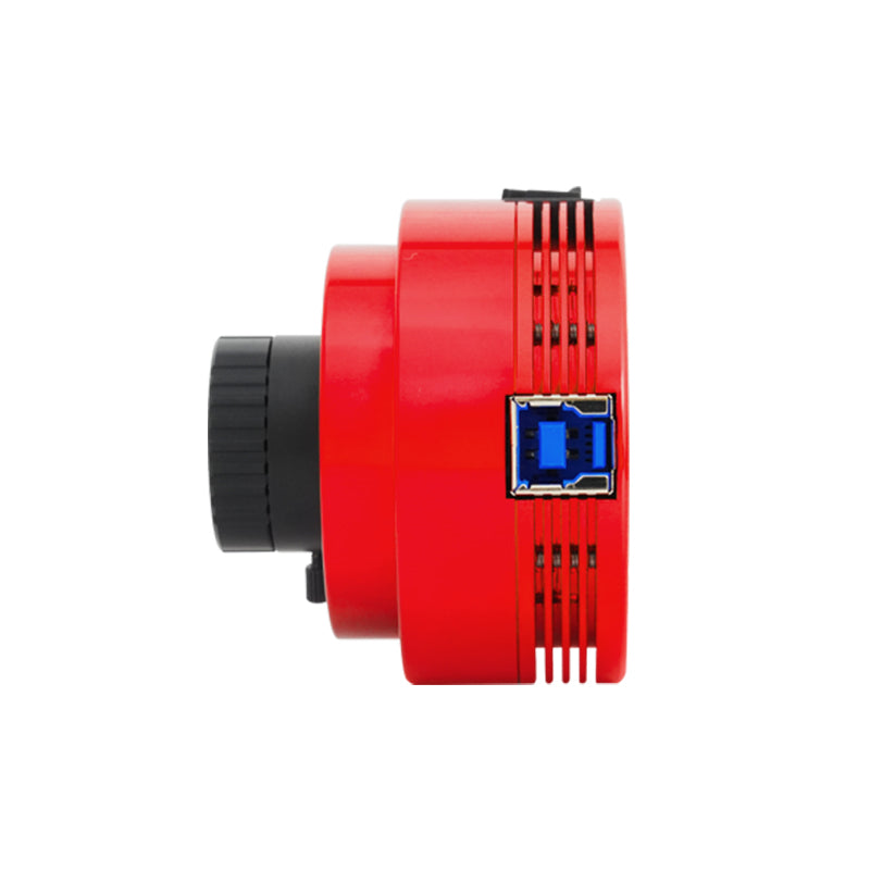 ZWO ASI676MC all-sky colour camera side view showing 62 mm body and fisheye lens for full-sky imaging