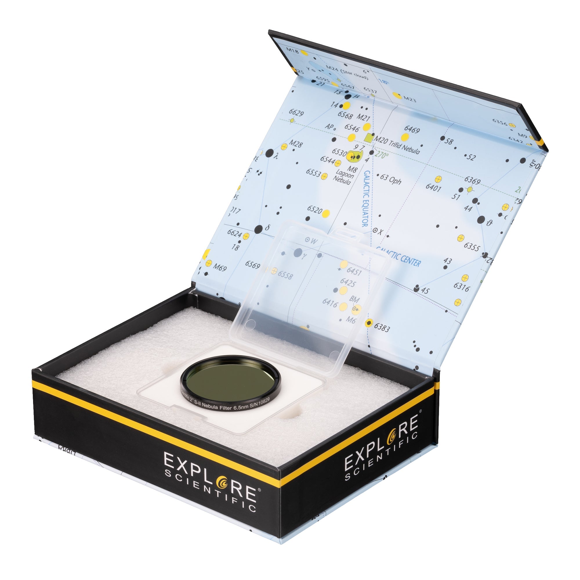 Explore Scientific 2-inch S-II 6.5nm narrowband nebula filter shown face on, coated glass in a black threaded 2-inch cell