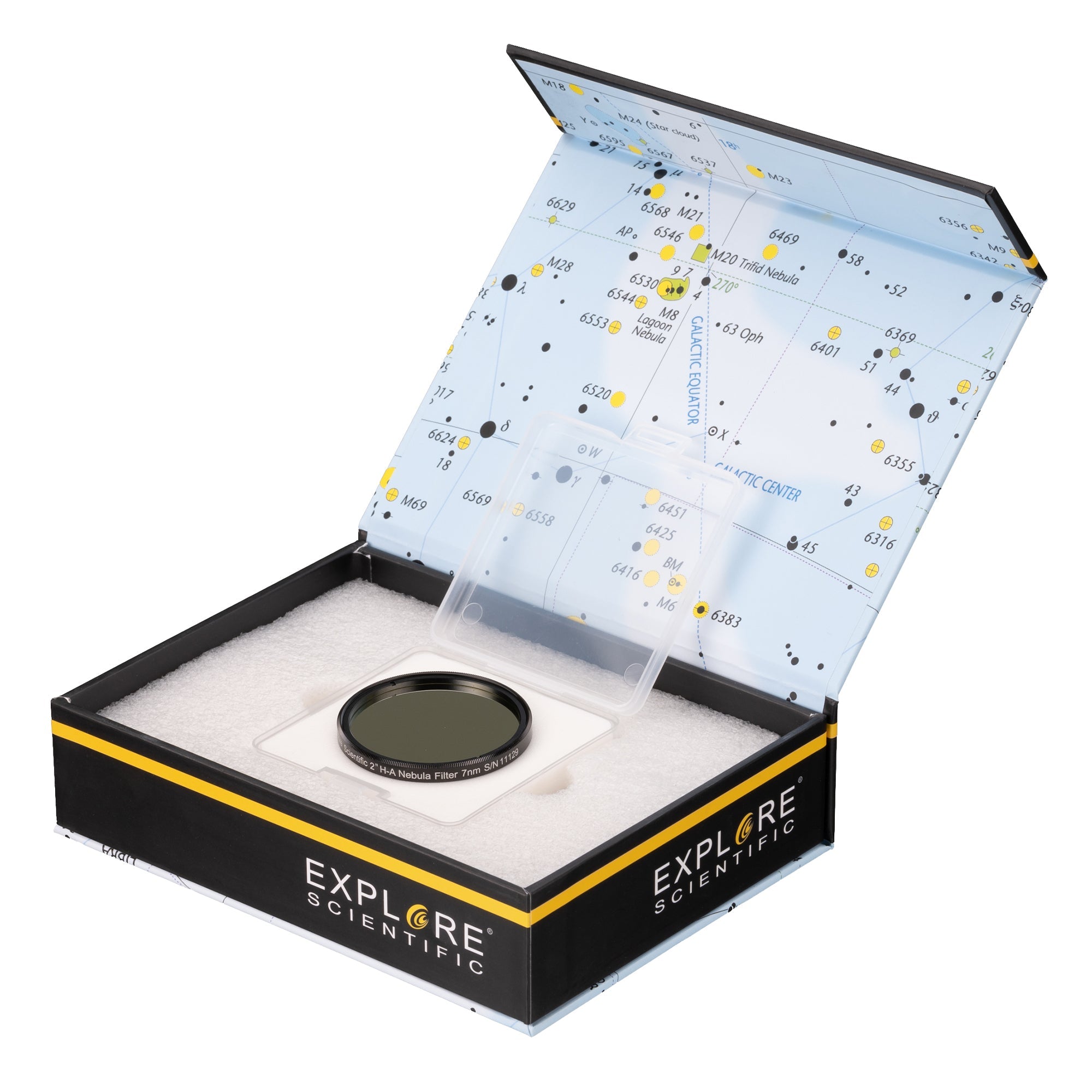 Explore Scientific 2-inch hydrogen-alpha 7nm narrowband nebula filter shown face on, coated glass in a black threaded 2-inch cell