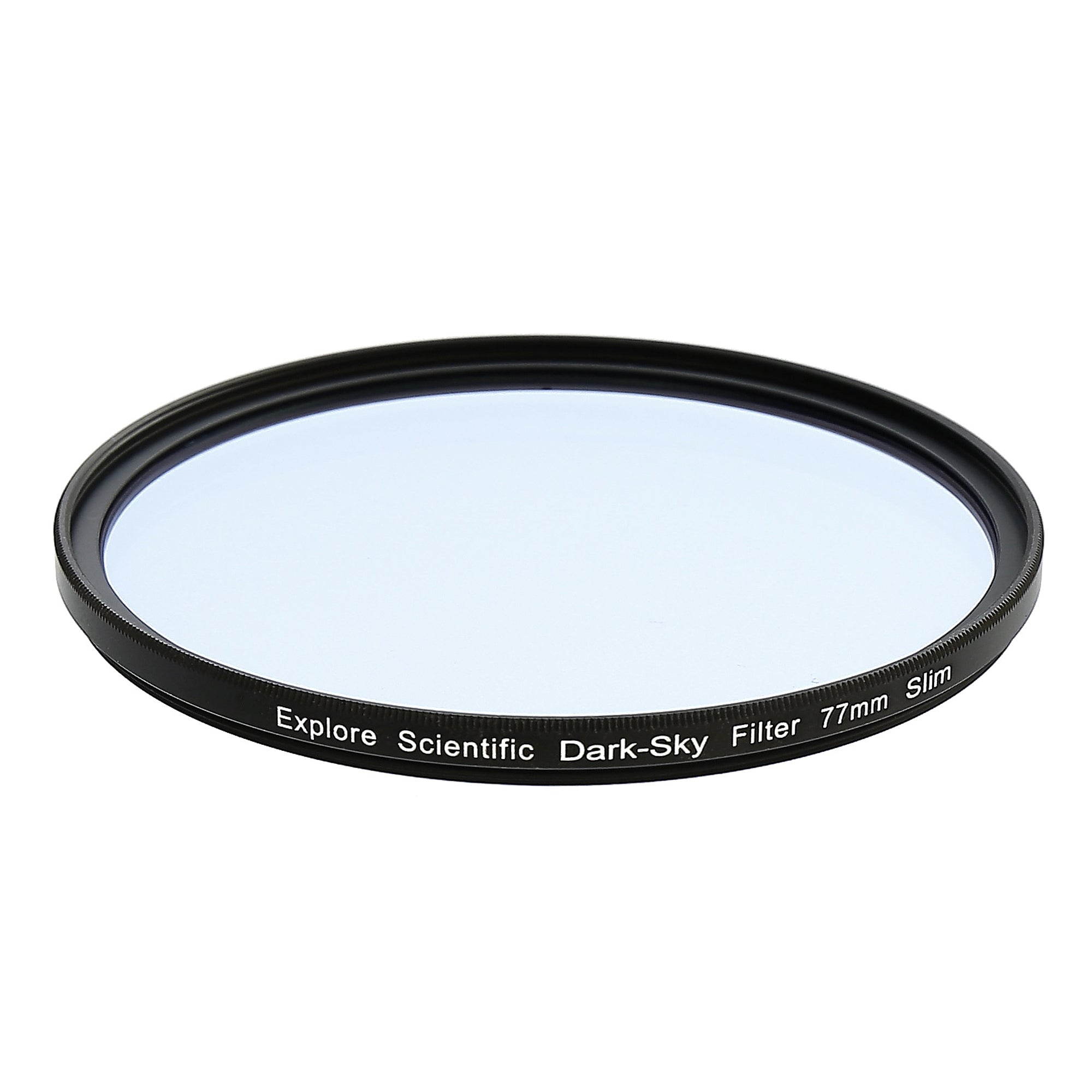 Explore Scientific 77mm slim dark sky filter seen face on, showing the black anodised aluminium ring and the tinted neodymium glass