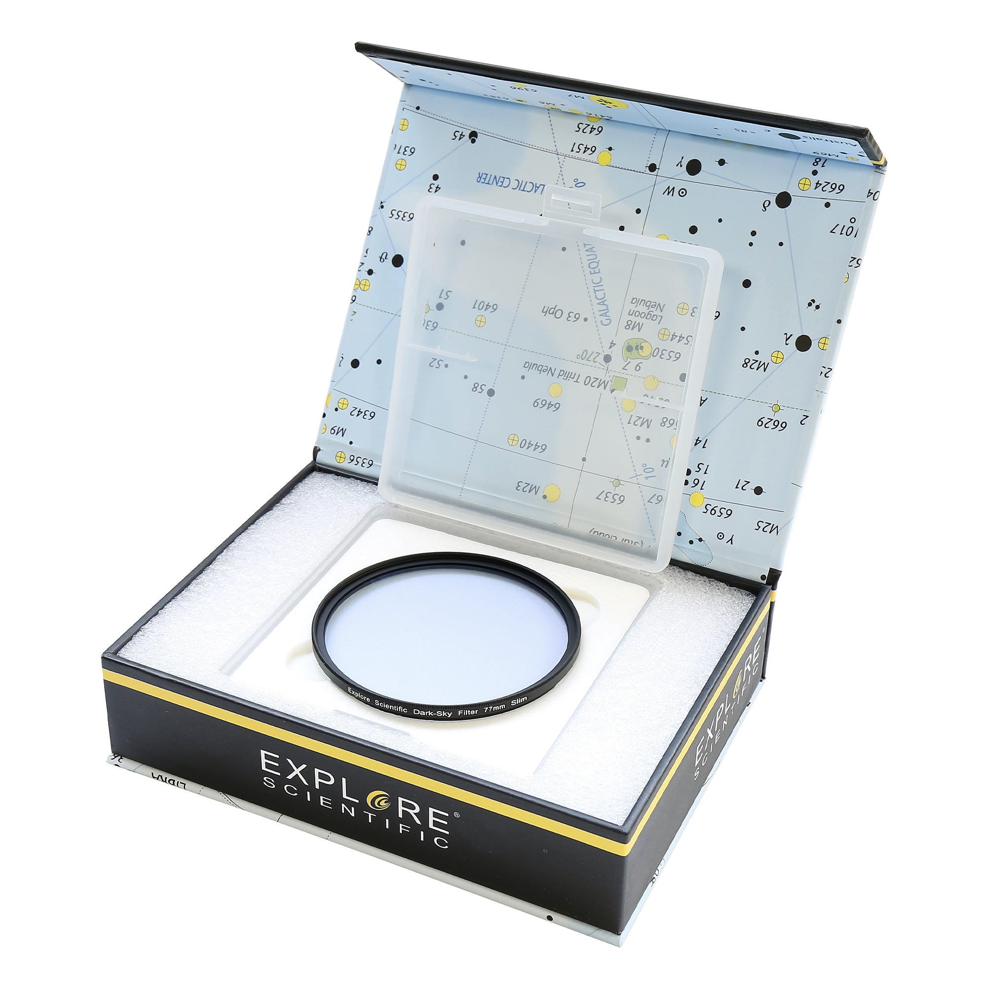 Angled view of the 77mm dark sky filter showing the low profile 4mm frame