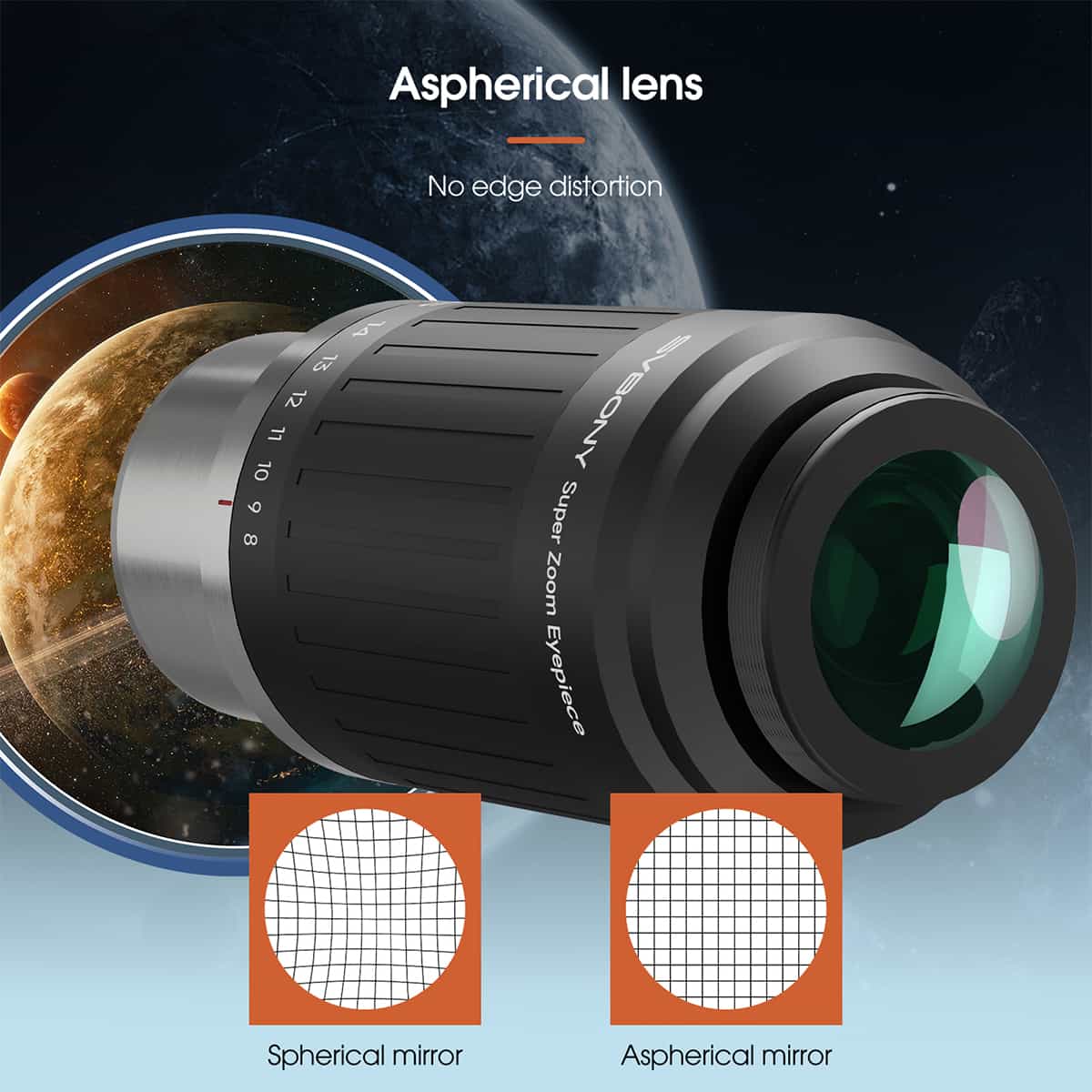 SVBONY SV230 8-20mm aspheric click-stop zoom eyepiece with 1.25″ and 2″ barrels for planetary and lunar observing