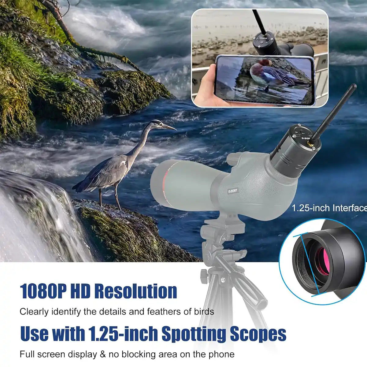 SVBONY SC001 WiFi camera for 1.25 inch spotting scopes and telescopes for digiscoping and lunar imaging