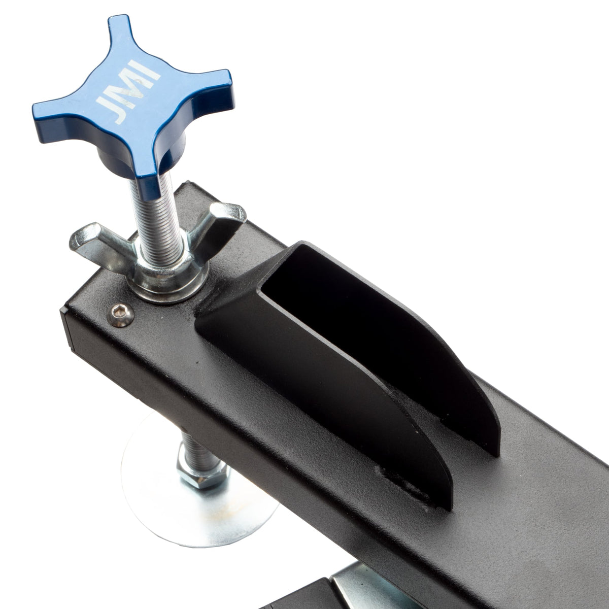 Close-up of the 5 inch locking caster and 5/8 inch heavy-duty leveling screw used on JMI Astro-Physics Pier Mount Wheeley Bars telescope dolly