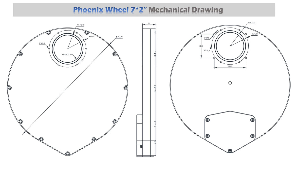 Player One Astronomy Phoenix 7x2 inch filter wheel mechanical dimensions and 21mm thickness drawing