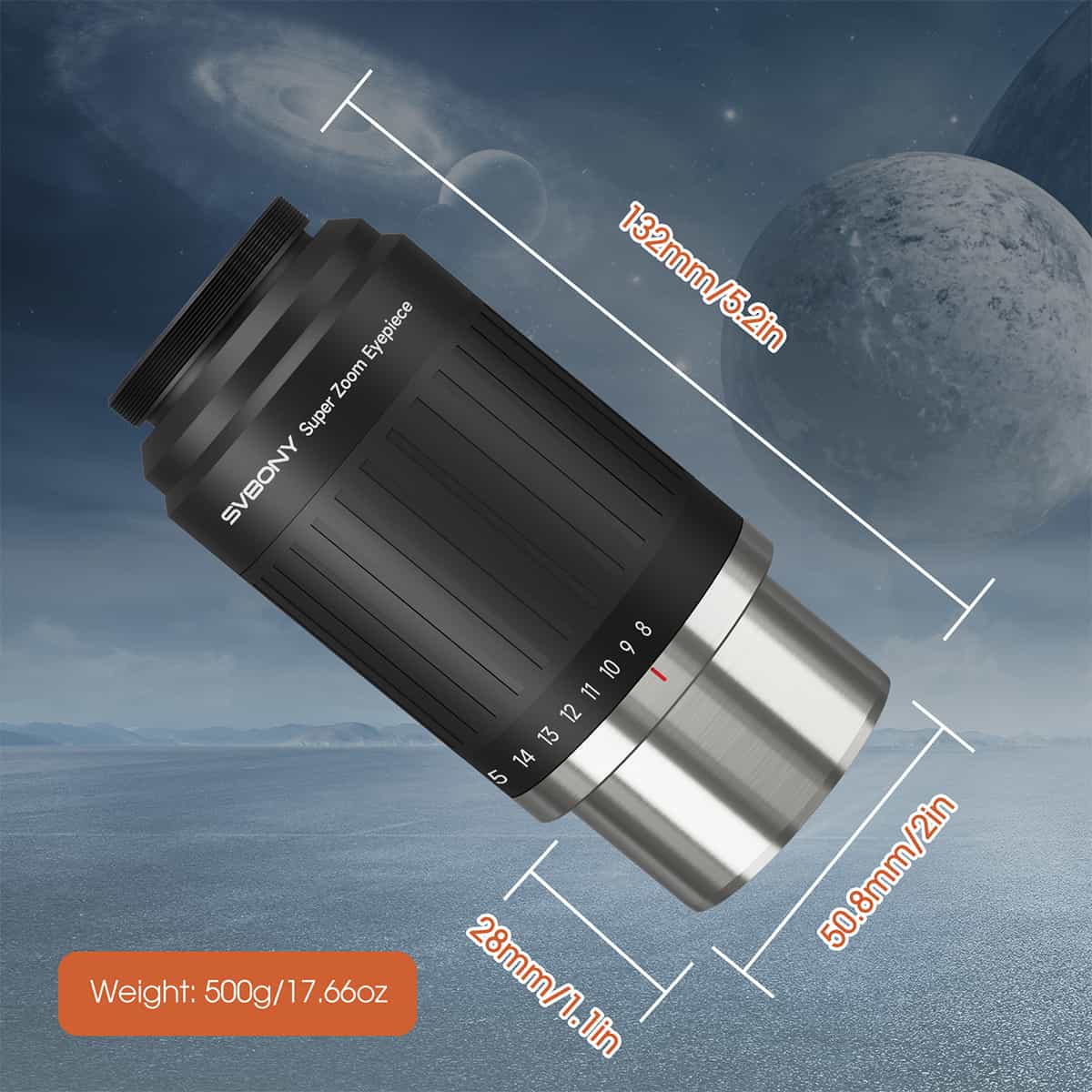 SVBONY SV230 8-20mm aspheric click-stop zoom eyepiece with 1.25″ and 2″ barrels for planetary and lunar observing