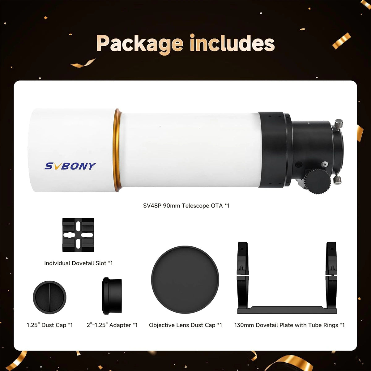 SVBONY SV48P 90mm achromatic refractor OTA details