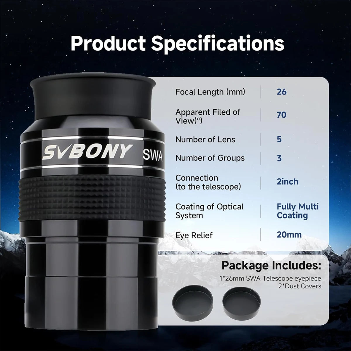SVBONY SV154 2 inch 26mm 70 degree super wide angle eyepiece for low-power deep-sky observing