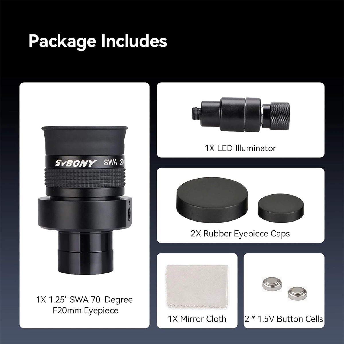SVBONY SV152 20mm 70 degree 1.25 inch illuminated crosshair eyepiece for star centring and guiding