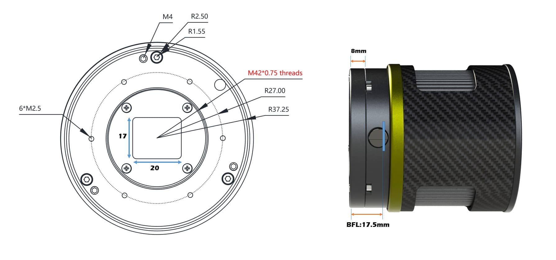 Player One Astronomy Apollo-M MAX Pro 17.5mm back focal length and thread interface diagram for imaging trains