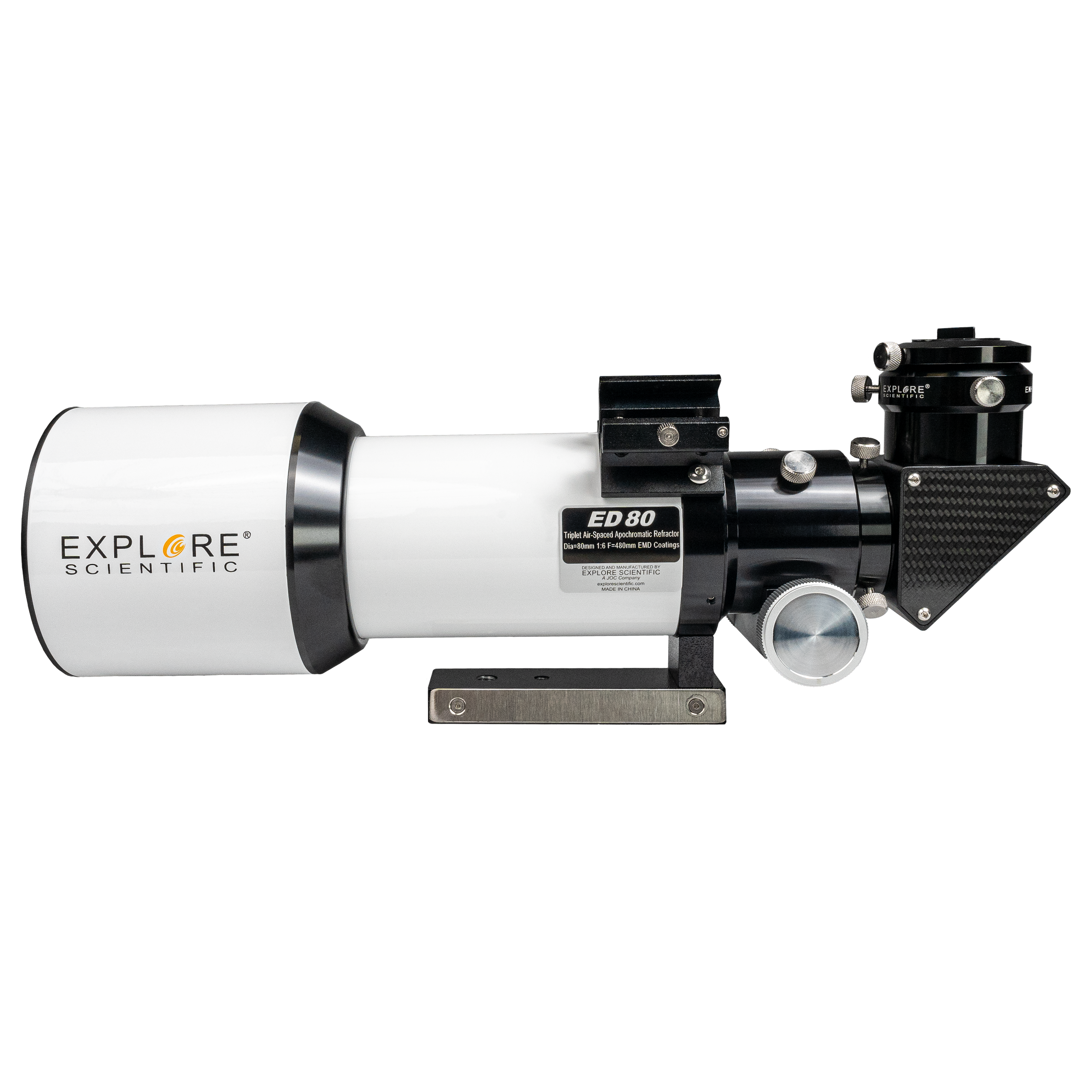 ED80 Essential Series refractor showing 2.5-inch hexagonal focuser and retractable dew shield