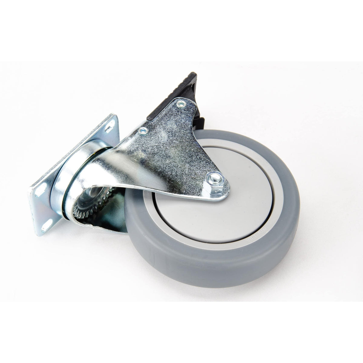 JMI 5 inch polyurethane Wheeley Bar wheel upgrade caster detail showing the full-locking brake lever for hard-surface telescope dolly transport