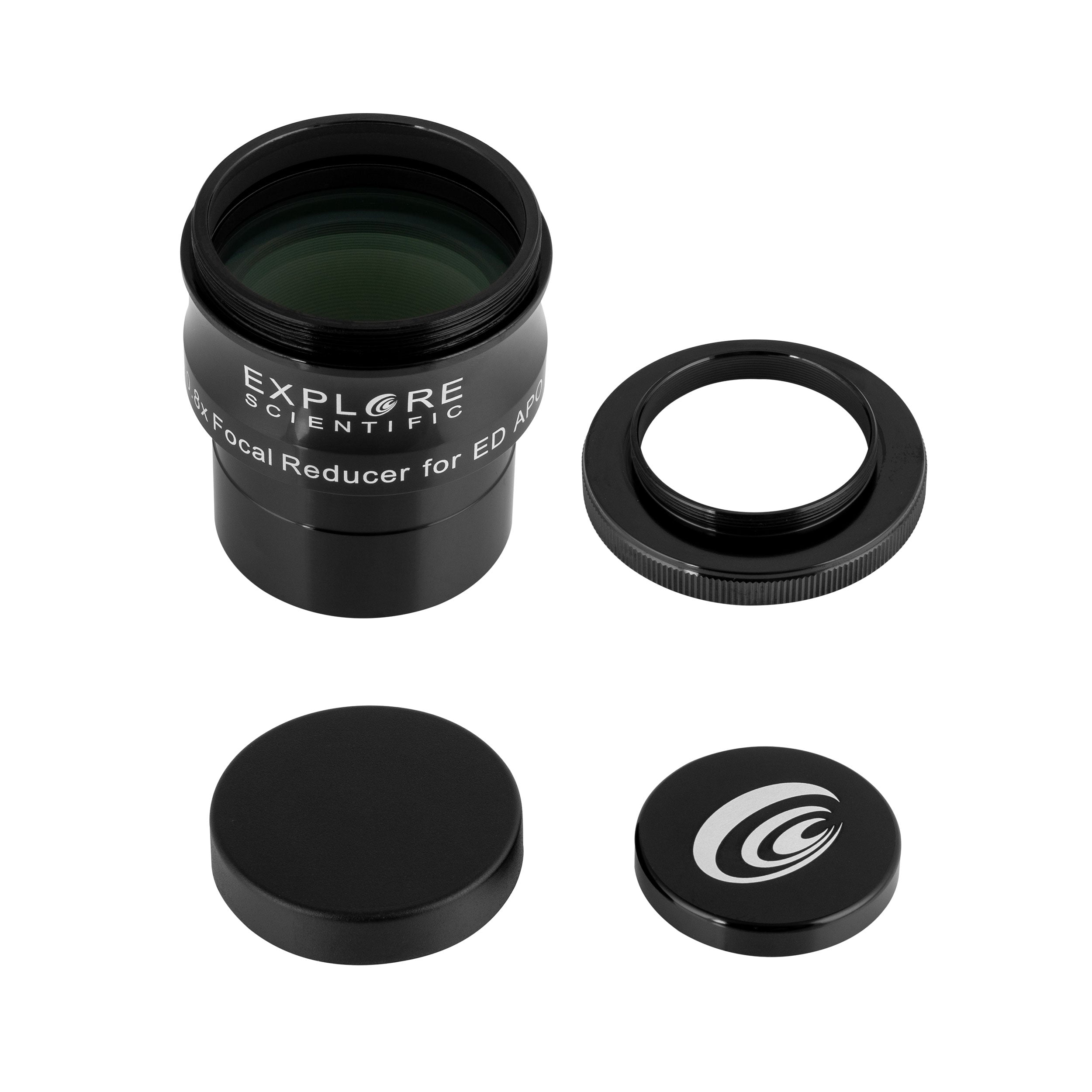 End-on view of the Explore Scientific 0.8x focal reducer showing the coated front lens element