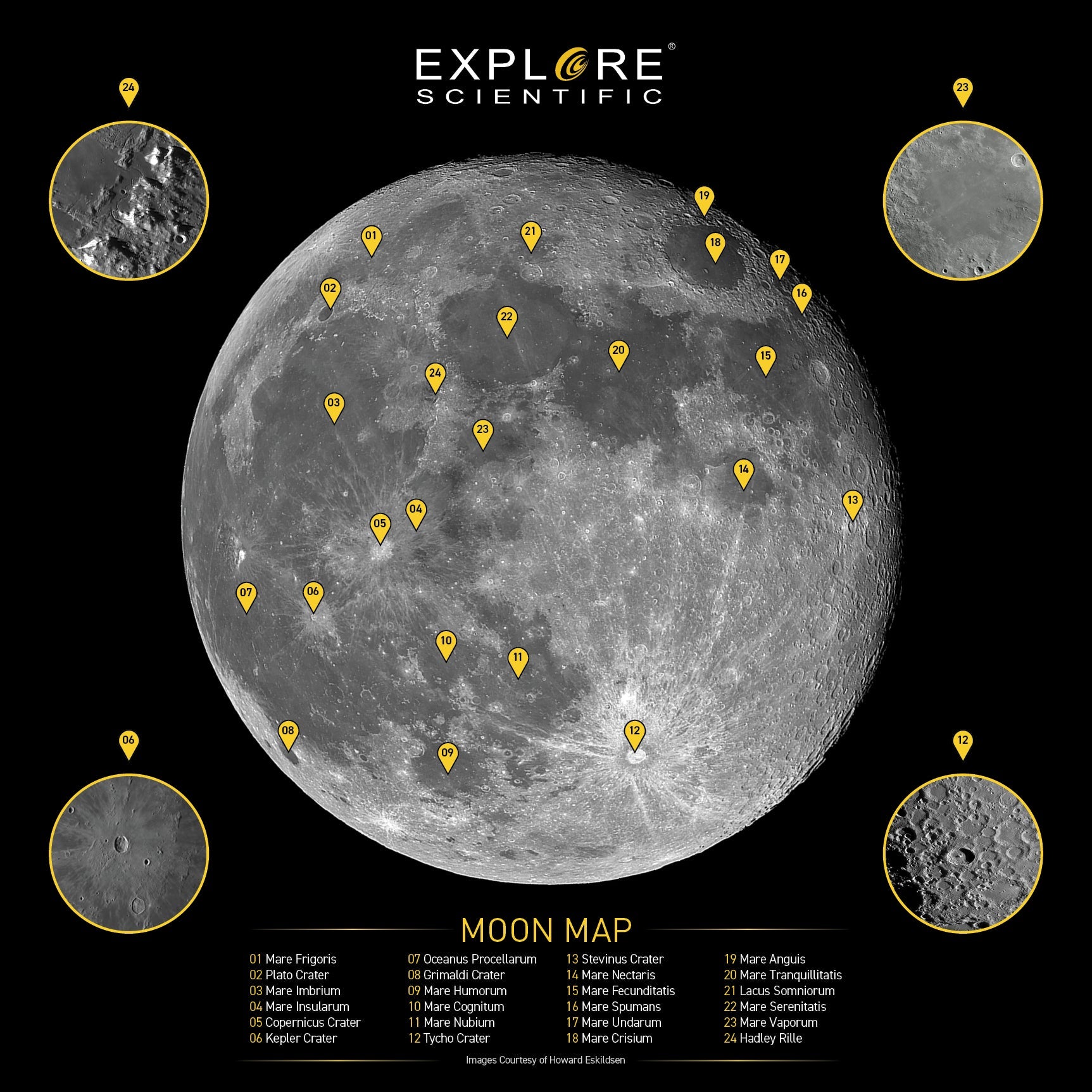 Front side of the Explore Scientific Moon crater map, a square photograph of the full Moon with 24 named craters and features labelled