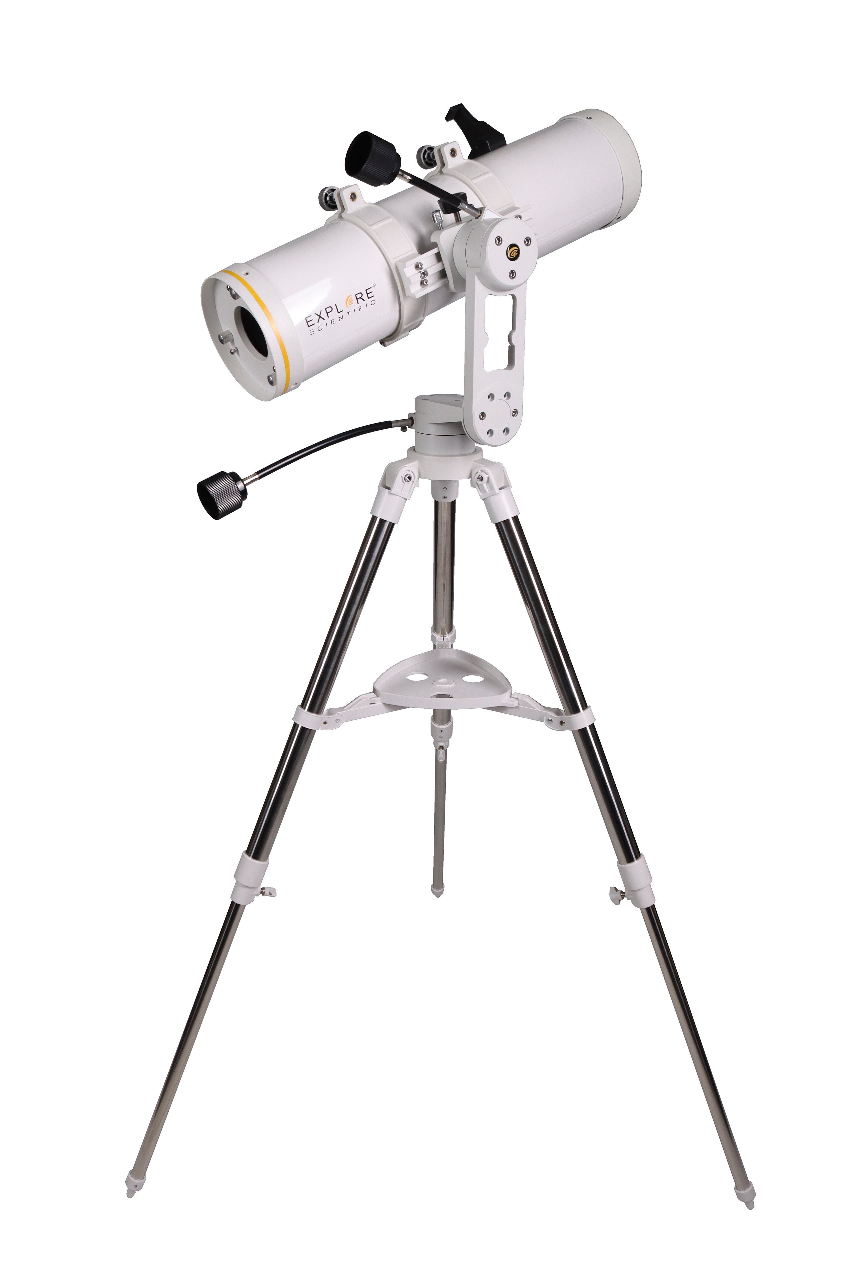 Second view of the Explore Scientific Sidara Essential 130 reflector telescope package showing the optical tube, mount head and tripod from a different angle.