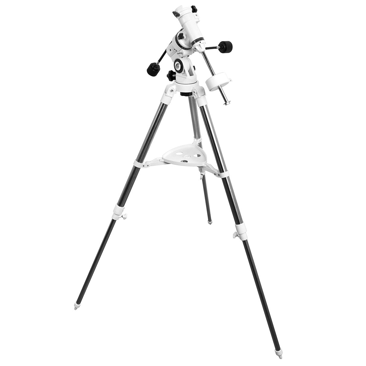 Explore Scientific FirstLight EXOS Nano German equatorial mount head shown on its steel tripod against a white background, with the counterweight shaft and Vixen-style dovetail saddle visible.