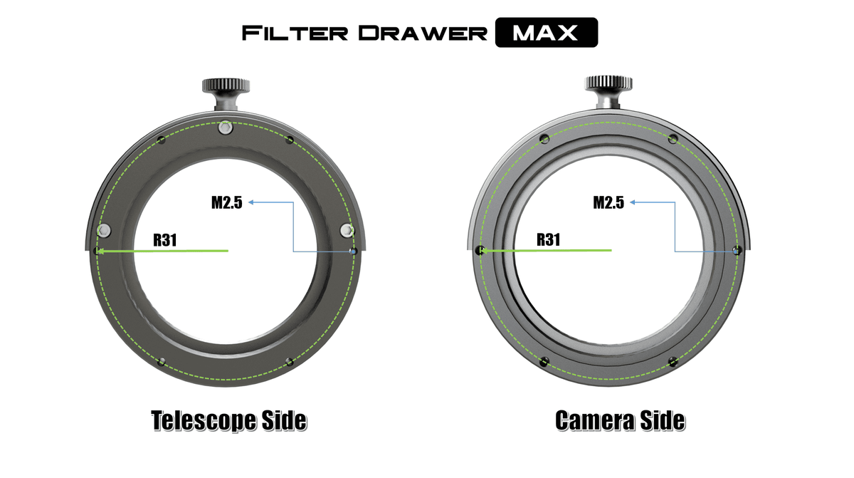 Player One Astronomy Filter Drawer MAX front and back showing M48 thread and mounting holes