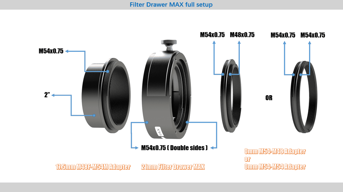 Player One Astronomy Filter Drawer MAX assembled in a camera imaging train for astrophotography
