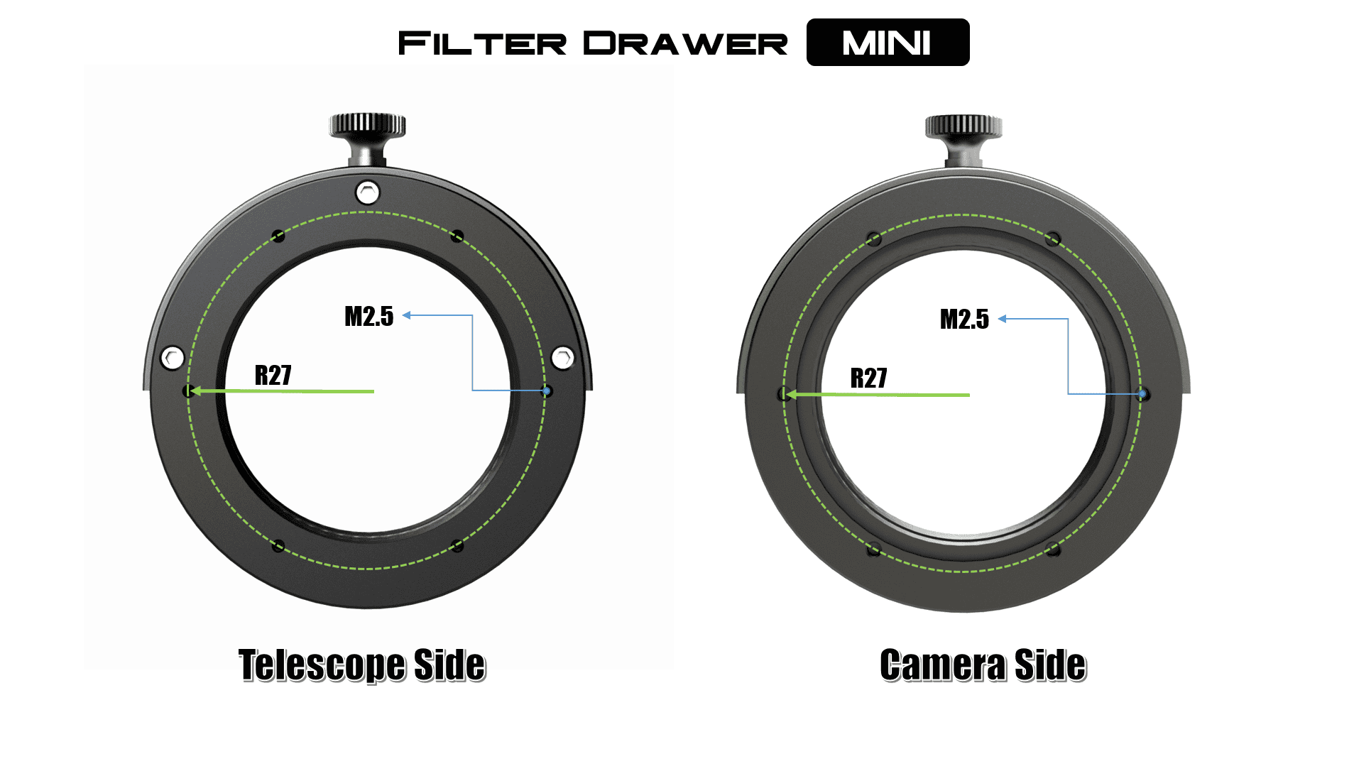 Player One Astronomy Filter Drawer MINI front and back showing drawer threads and mounting holes