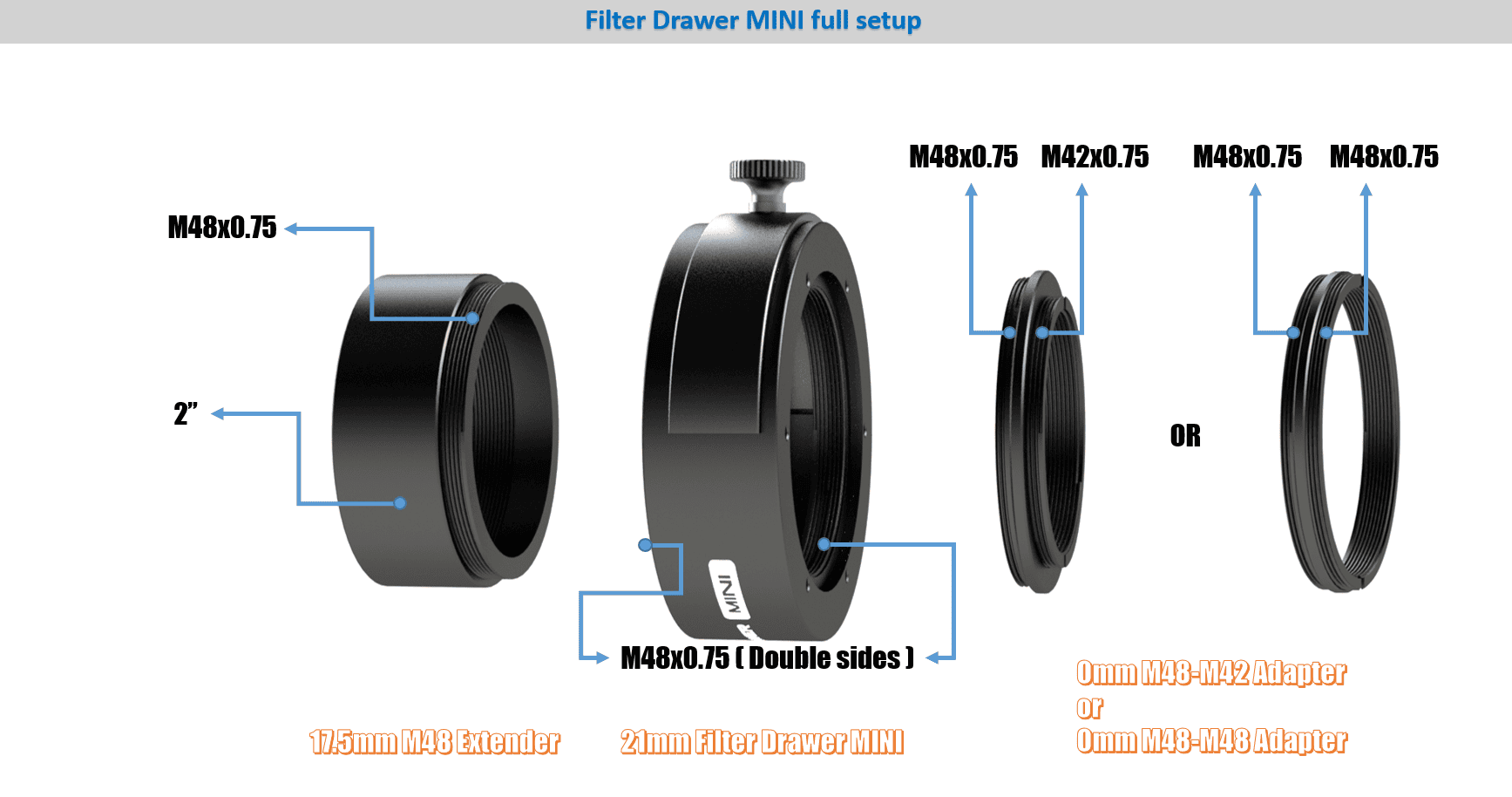 Player One Astronomy Filter Drawer MINI assembled in a camera imaging train for astrophotography