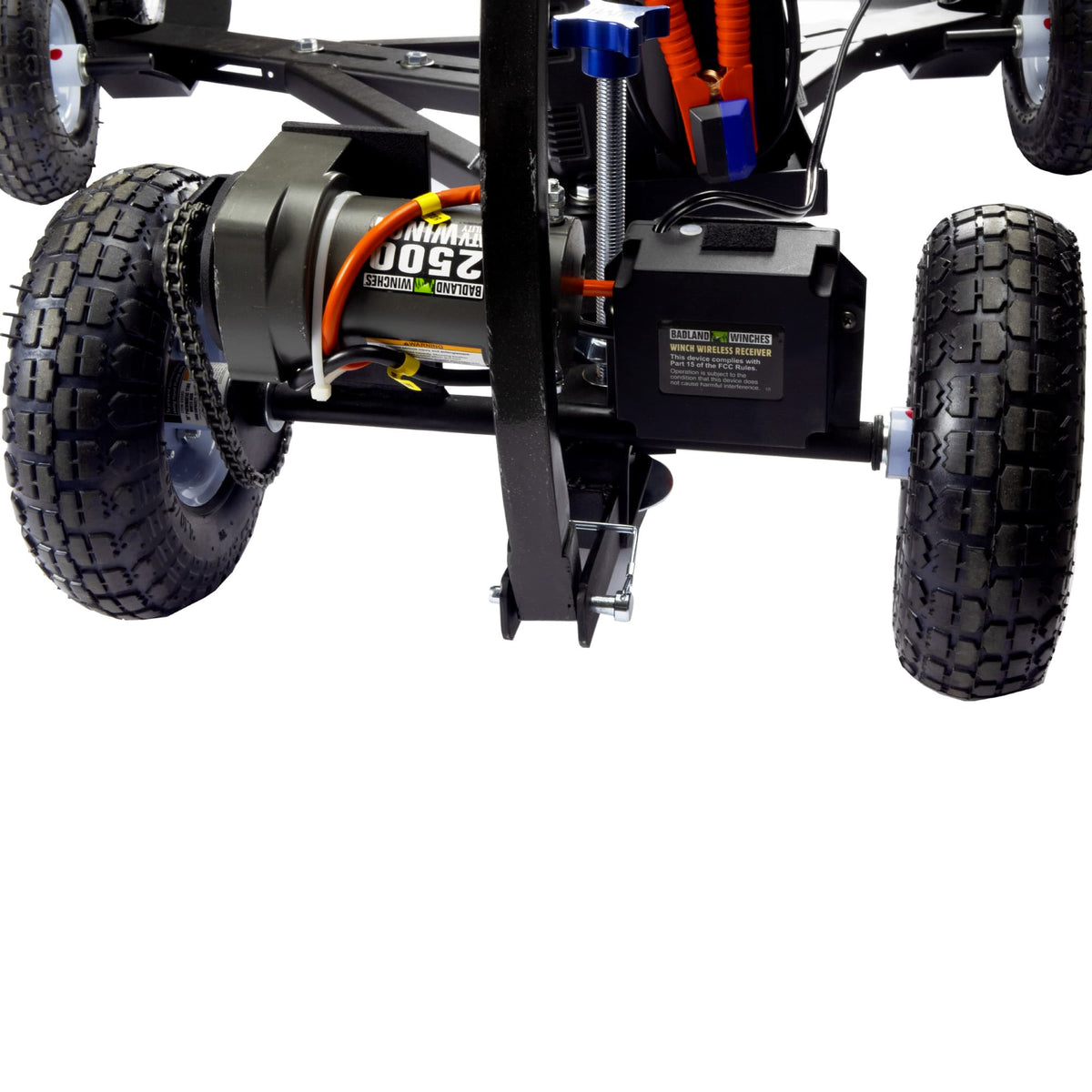 JMI Motor Upgrade front wheel detail on a motorized Universal Wheeley Bar showing the swivel caster used for steering a loaded telescope mount