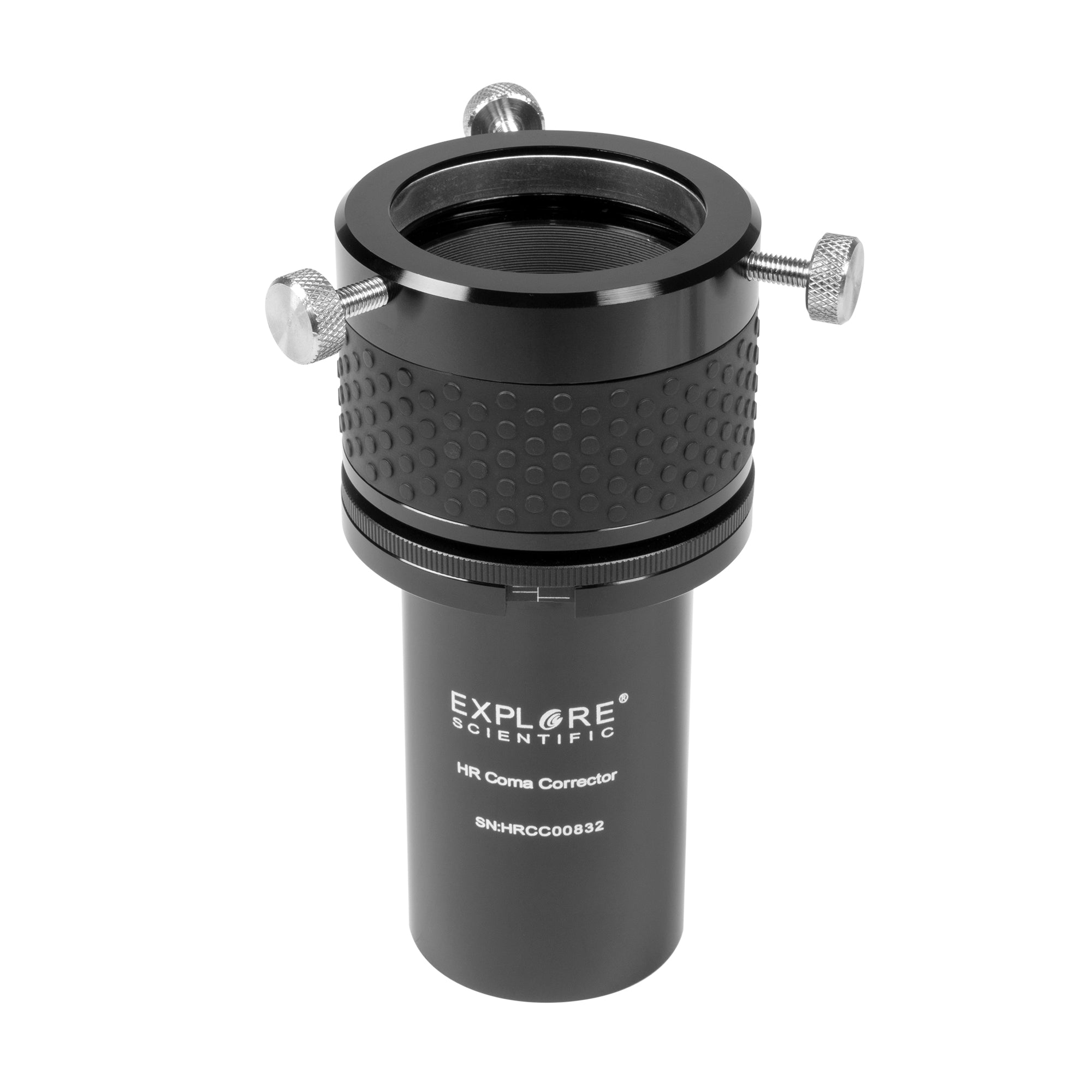 Explore Scientific HR Variable Coma Corrector, a black 2-inch cylindrical corrector standing upright