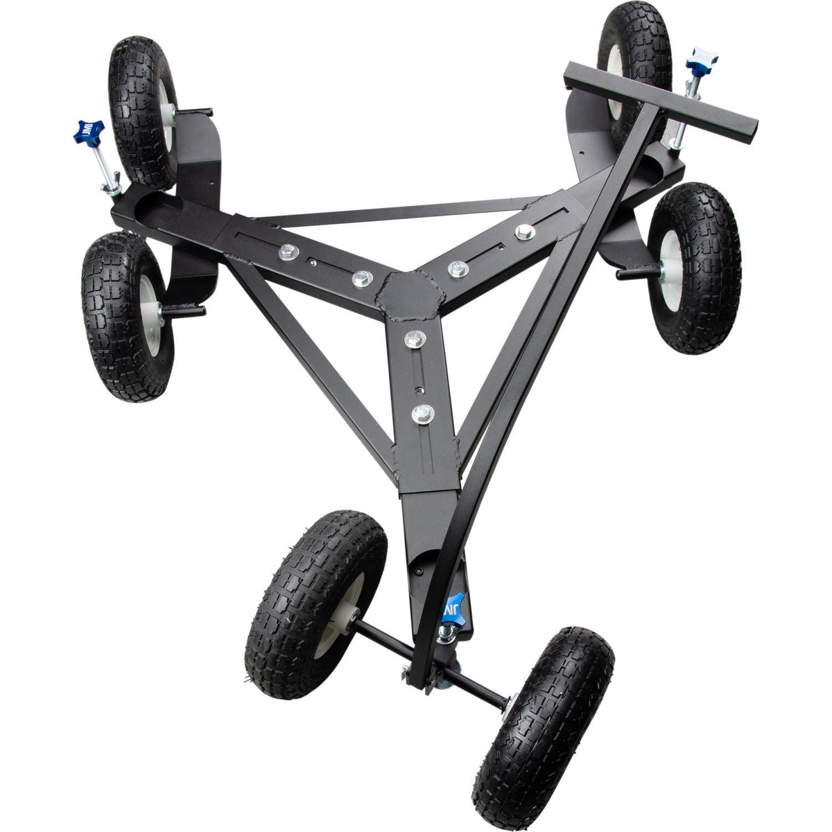JMI heavy-duty Wheeley Bar frame under a loaded telescope rig, illustrating the rolling telescope dolly arrangement shared by the Astro-Physics pier mount set
