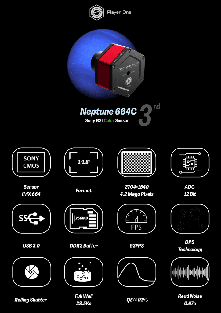 Player One Neptune 664C IMX664 USB3.0 colour planetary camera for lunar and planetary imaging
