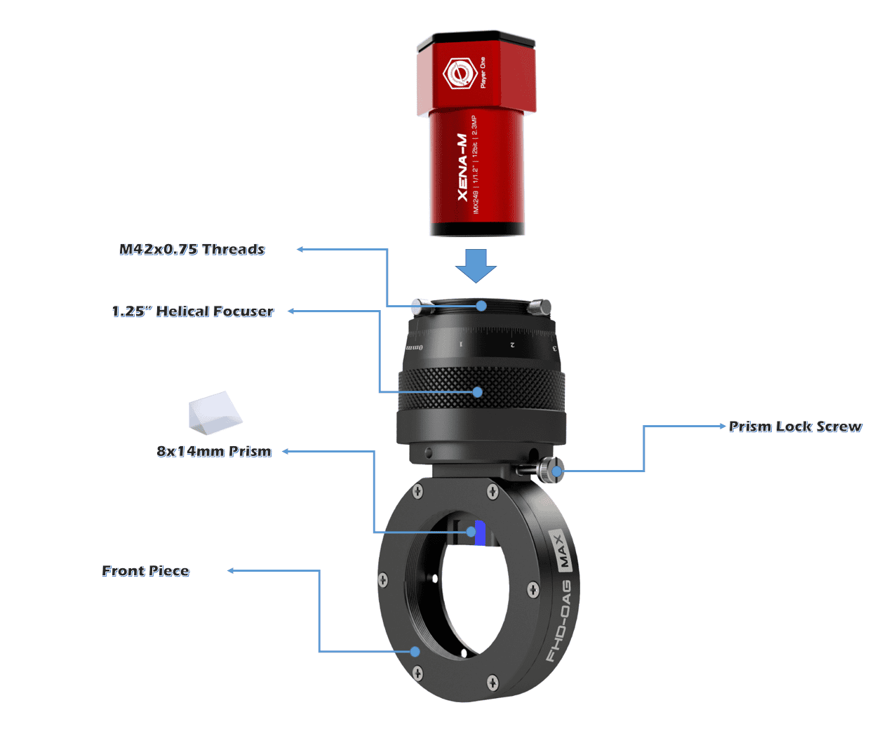 Player One Astronomy FHD-OAG MAX off-axis guider parts and prism assembly for astrophotography