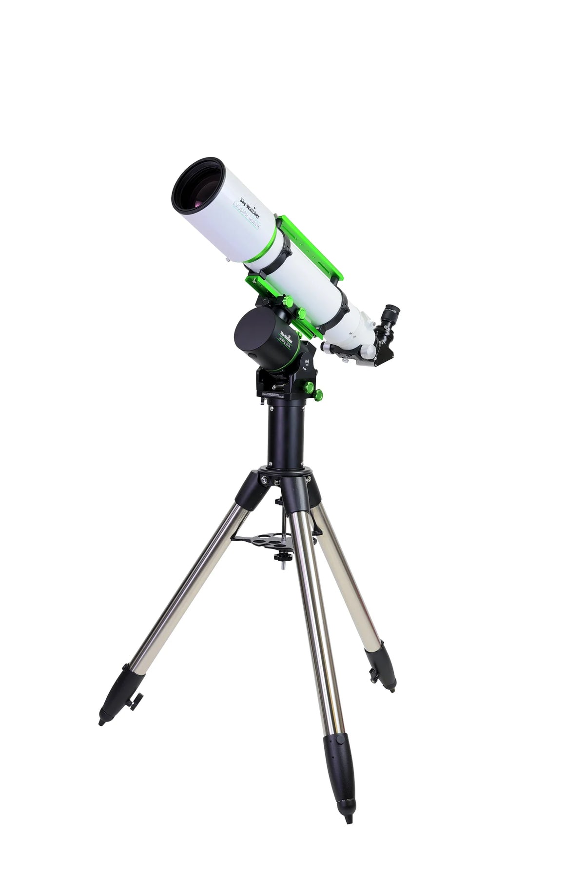 Sky-Watcher Evostar 120EDX 120mm APO doublet refractor with rings, V-style dovetail and carry handle, left front view, for observing and imaging