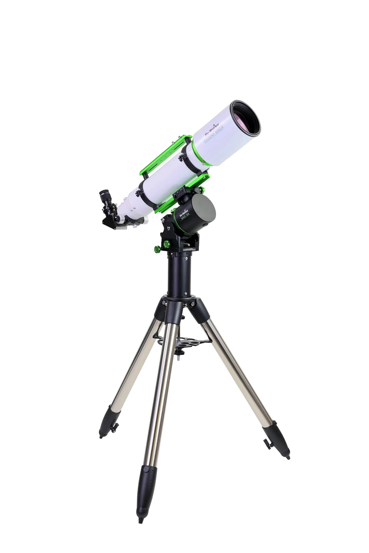 Sky-Watcher Evostar 120EDX 120mm APO doublet refractor with rings, dovetail and handle, right front view, for visual observing and astrophotography