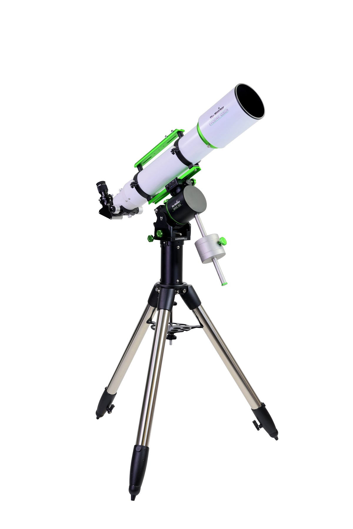 Sky-Watcher Evostar 120EDX 120mm APO doublet refractor fully assembled, right front view, for lunar, planetary and deep-sky astrophotography