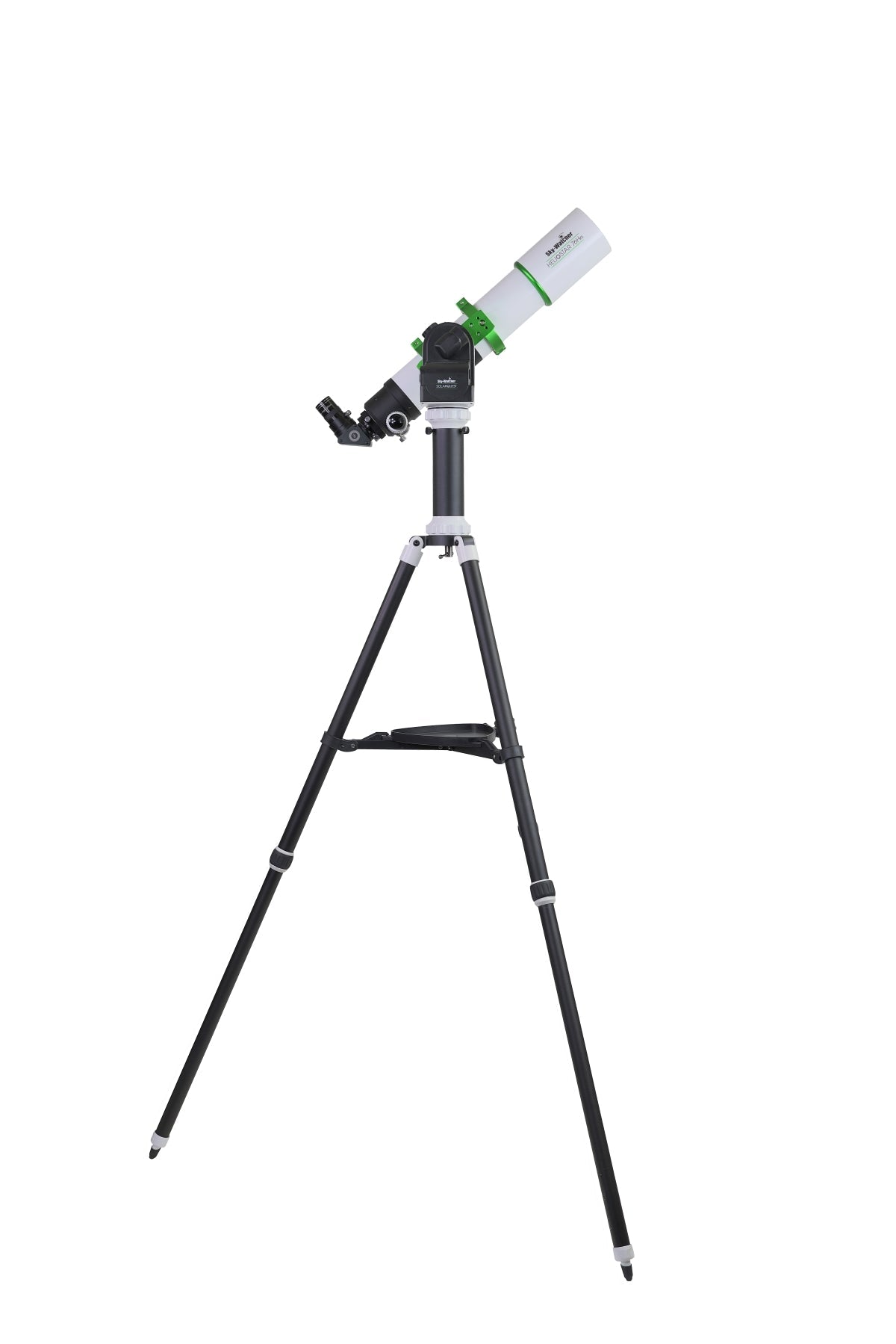 Sky-Watcher Heliostar 76 H-alpha solar telescope on SolarQuest mount, right side profile showing the 2-inch dual-speed Crayford focuser and blocking-filter diagonal