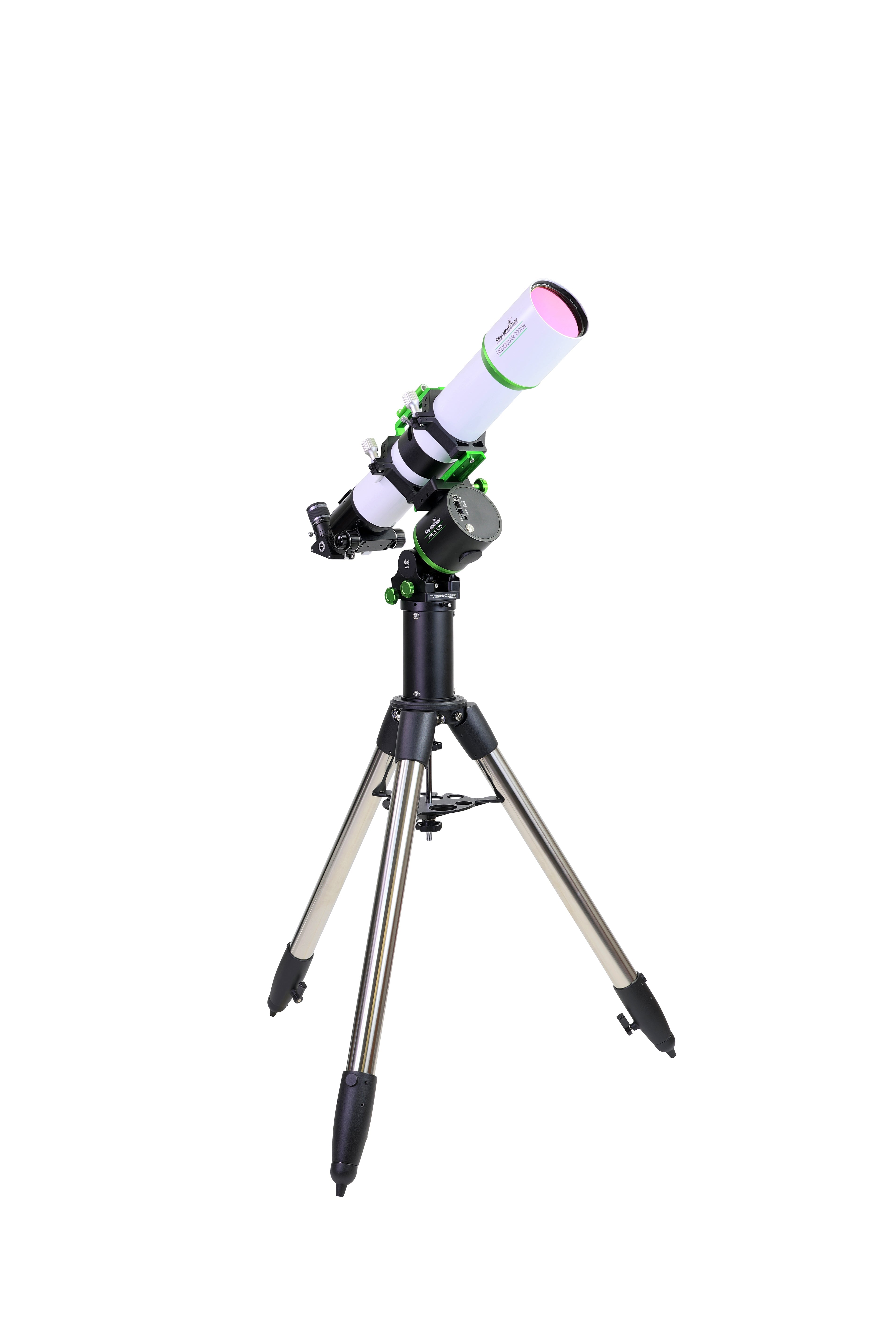Sky-Watcher Heliostar 100 H-alpha solar telescope with Wave 100i mount kit, right front view, dedicated solar telescope and GoTo mount package