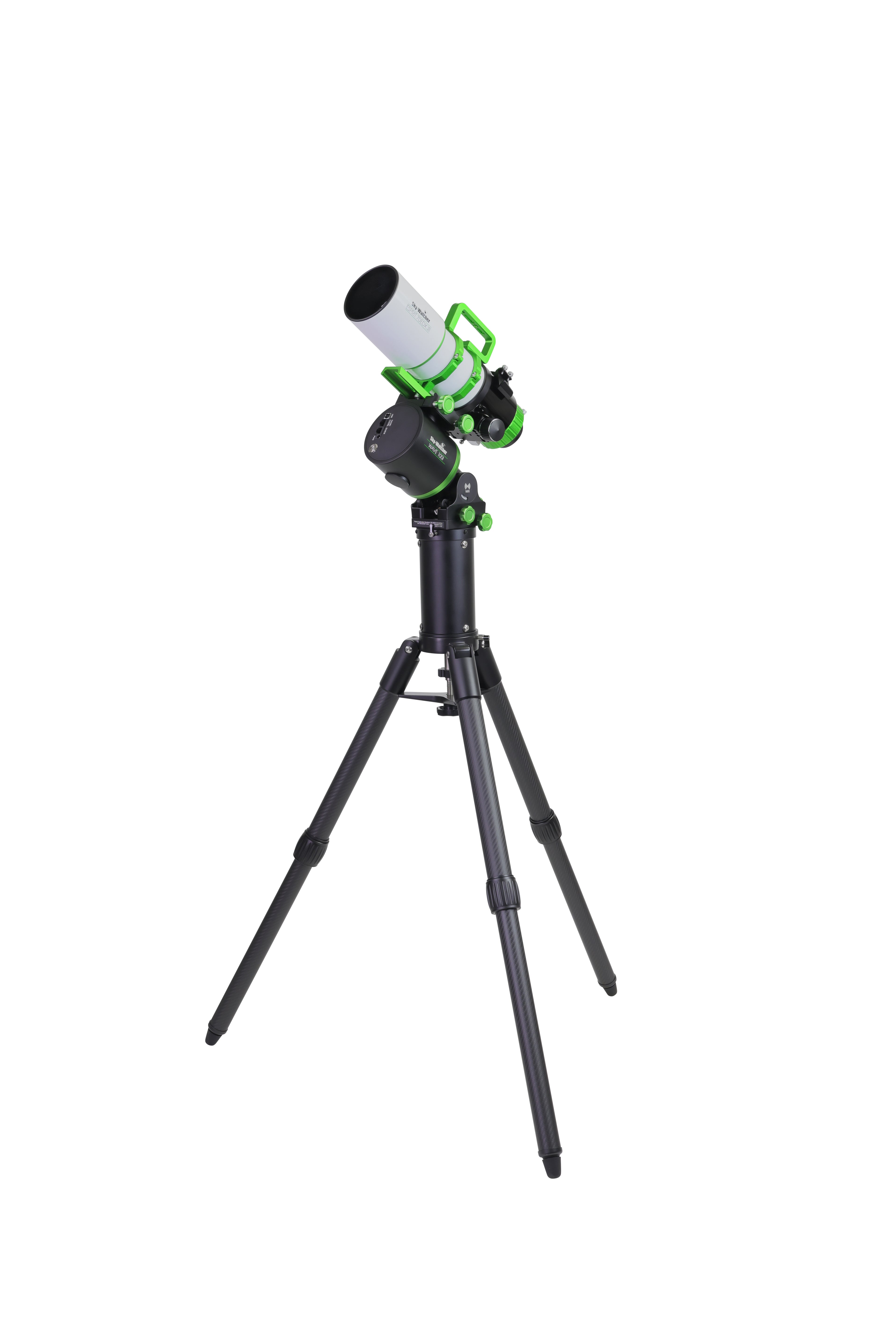 Sky-Watcher Esprit 70EDX triplet apo refractor with tube rings and V-style dovetail fitted, left front view, wide-field astrophotography telescope