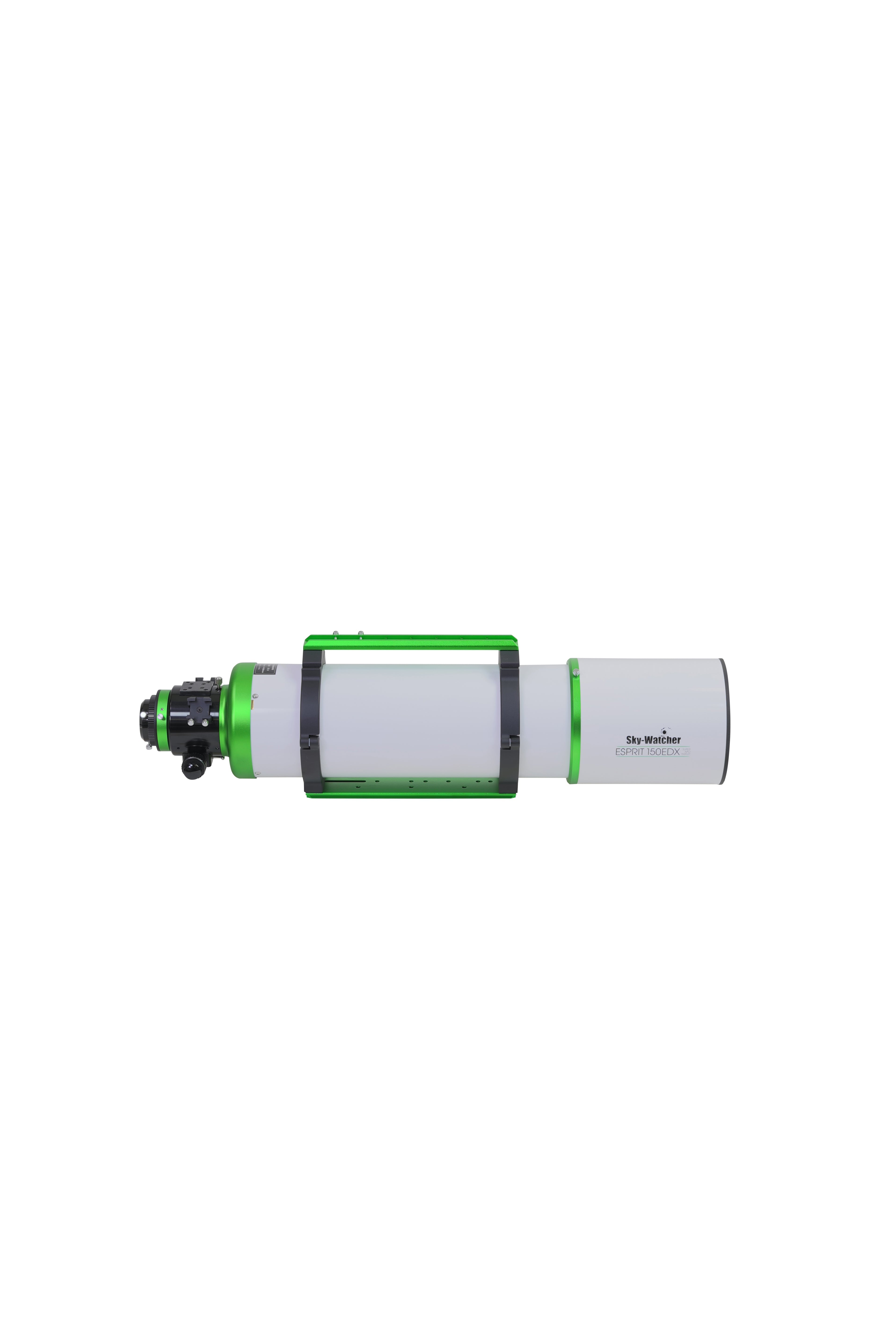 Sky-Watcher Esprit 150EDX triplet apochromatic refractor OTA for deep-sky imaging, right profile with mounting rings and dovetail