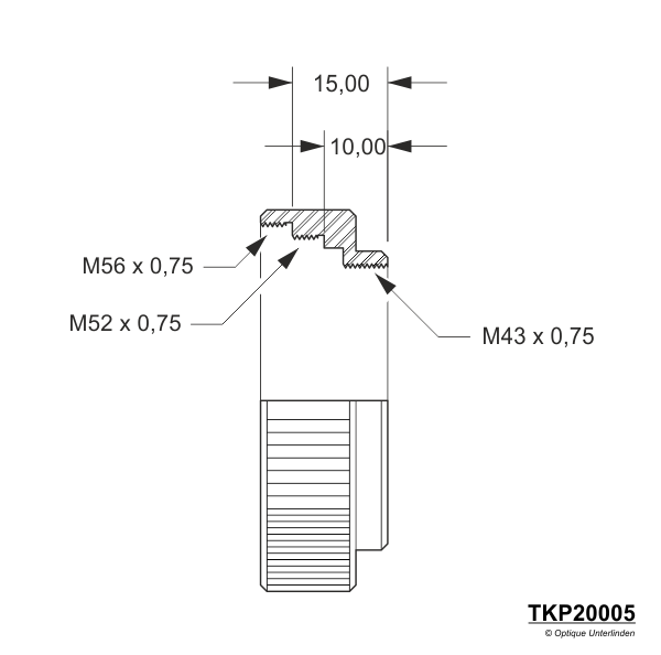 Takahashi FS-60CB Visual Adapter TKP20005 dimensional drawing showing M56 and M52 input threads and 10 mm and 15 mm optical lengths