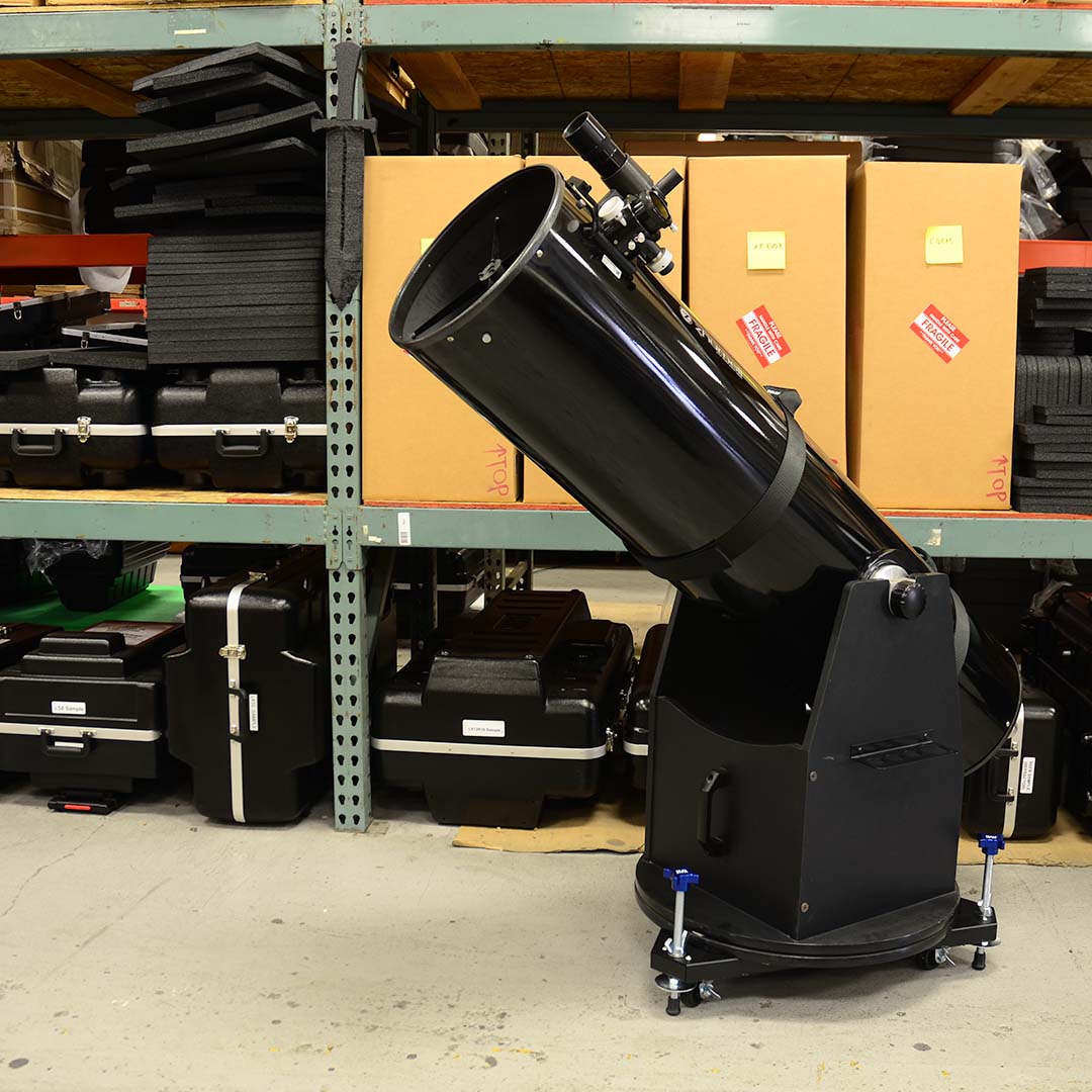 JMI Triangle-Style Wheeley Bar underside of triangular Dobsonian dolly frame showing three-point caster layout