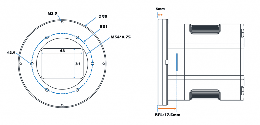 Player One Astronomy ZEUS 455M Pro cooled camera internal structure drawing