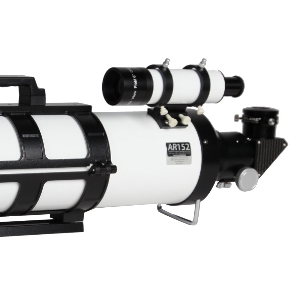 Explore Scientific AR152 refractor cradle rings, Vixen-style dovetail and 8x50 finder scope on Hybrid 2N1 base