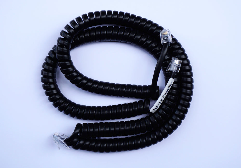 Coiled encoder cable with RJ11 plugs top view