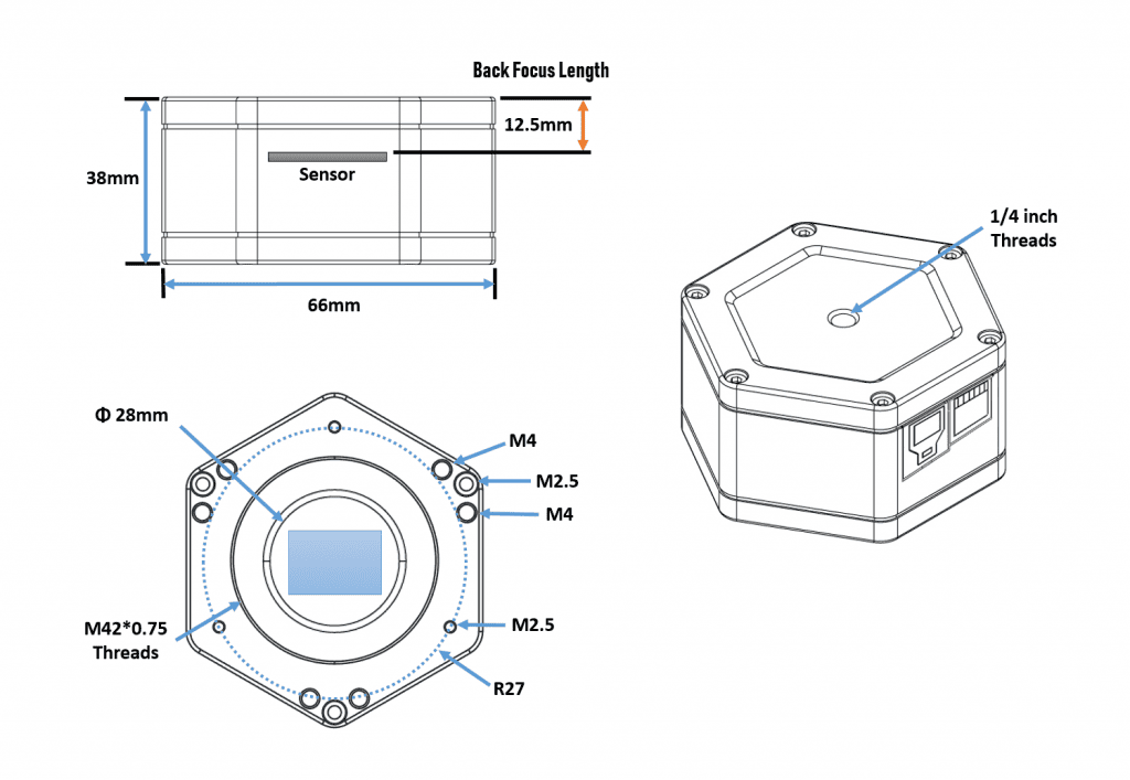 Player One Apollo-M MINI IMX429 monochrome camera mechanical dimension and back focus diagram