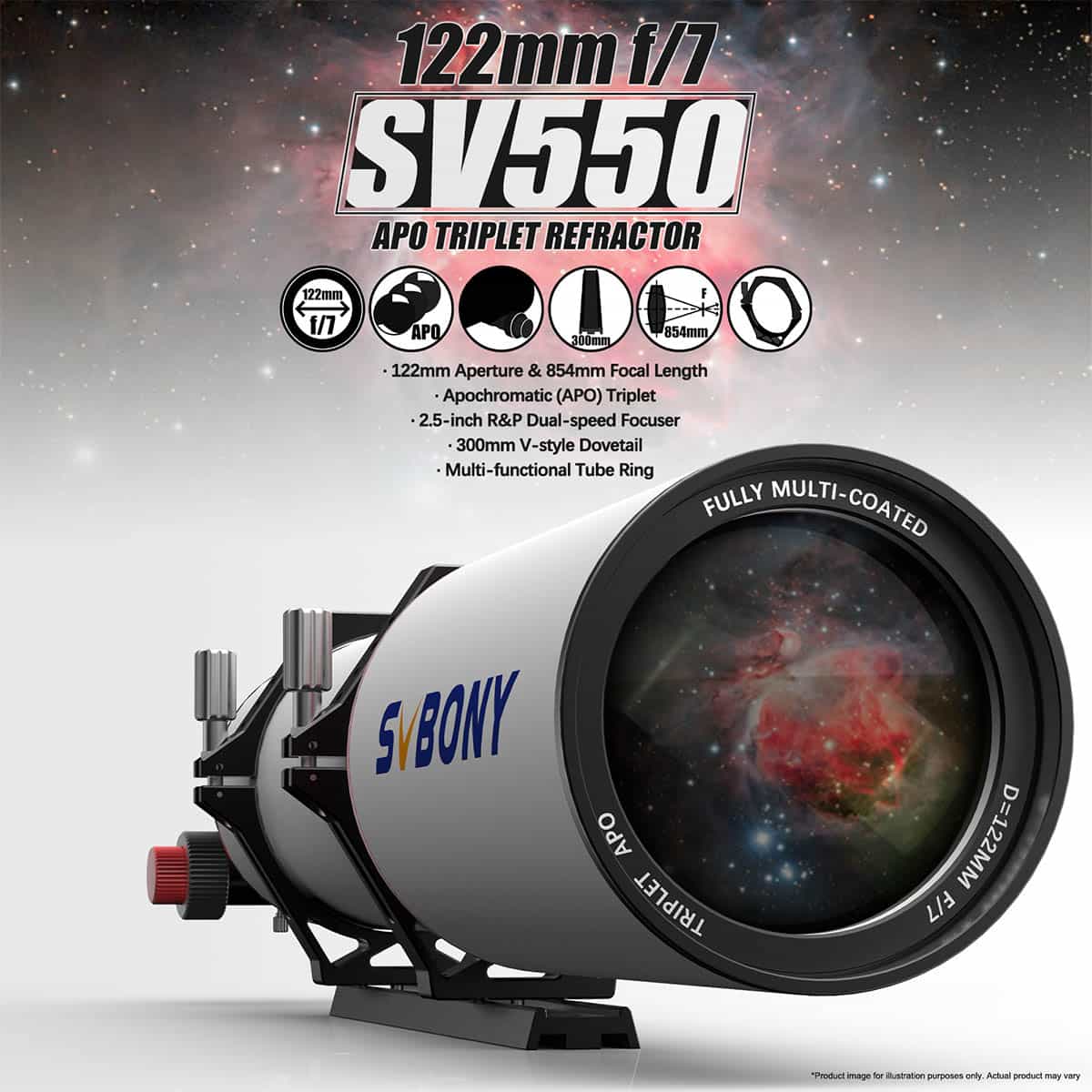 SVBONY SV550 122mm f/7 triplet APO refractor telescope OTA for deep-sky imaging and visual observing